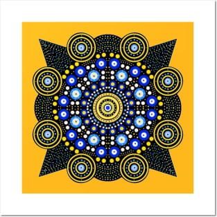 Symmetric Mandala Yellow-Blue-White Posters and Art